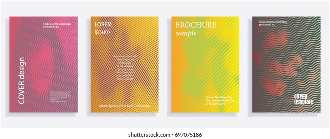 Minimalistic cover design templates. Set of layouts for covers of books, albums, notebooks, reports, magazines. Line halftone gradient effect, flat modern abstract design. Geometric mock-up texture