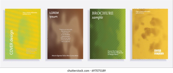 Minimalistic cover design templates. Set of layouts for covers of books, albums, notebooks, reports, magazines. Line halftone gradient effect, flat modern abstract design. Geometric mock-up texture