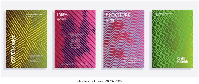 Minimalistic cover design templates. Set of layouts for covers of books, albums, notebooks, reports, magazines. Line halftone gradient effect, flat modern abstract design. Geometric mock-up texture