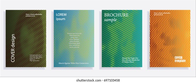 Minimalistic cover design templates. Set of layouts for covers of books, albums, notebooks, reports, magazines. Line halftone gradient effect, flat modern abstract design. Geometric mock-up texture