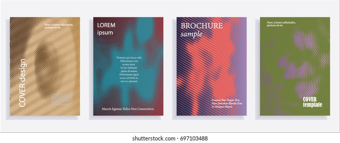 Minimalistic cover design templates. Set of layouts for covers of books, albums, notebooks, reports, magazines. Line halftone gradient effect, flat modern abstract design. Geometric mock-up texture