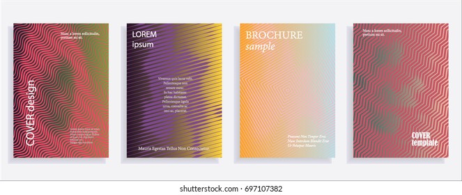 Minimalistic cover design templates. Set of layouts for covers of books, albums, notebooks, reports, magazines. Line halftone gradient effect, flat modern abstract design. Geometric mock-up texture
