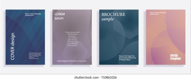 Minimalistic cover design templates. Set of layouts for covers of books, albums, notebooks, reports, magazines. Line halftone gradient effect, flat modern abstract design. Geometric mock-up texture
