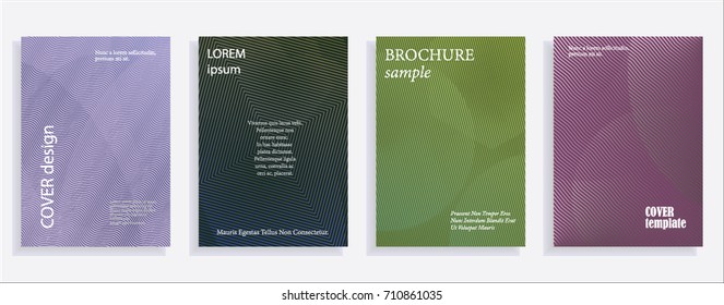 Minimalistic cover design templates. Set of layouts for covers of books, albums, notebooks, reports, magazines. Line halftone gradient effect, flat modern abstract design. Geometric mock-up texture