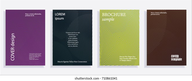 Minimalistic cover design templates. Set of layouts for covers of books, albums, notebooks, reports, magazines. Line halftone gradient effect, flat modern abstract design. Geometric mock-up texture