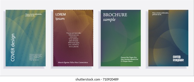 Minimalistic cover design templates. Set of layouts for covers of books, albums, notebooks, reports, magazines. Line halftone gradient effect, flat modern abstract design. Geometric mock-up texture
