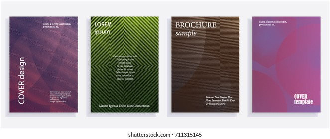 Minimalistic cover design templates. Set of layouts for covers of books, albums, notebooks, reports, magazines. Line halftone gradient effect, flat modern abstract design. Geometric mock-up texture