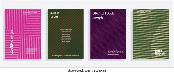 Minimalistic cover design templates. Set of layouts for covers of books, albums, notebooks, reports, magazines. Line halftone gradient effect, flat modern abstract design. Geometric mock-up texture