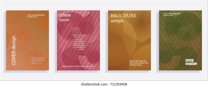 Minimalistic cover design templates. Set of layouts for covers of books, albums, notebooks, reports, magazines. Line halftone gradient effect, flat modern abstract design. Geometric mock-up texture