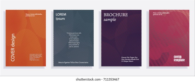 Minimalistic cover design templates. Set of layouts for covers of books, albums, notebooks, reports, magazines. Line halftone gradient effect, flat modern abstract design. Geometric mock-up texture