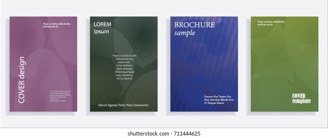 Minimalistic cover design templates. Set of layouts for covers of books, albums, notebooks, reports, magazines. Line halftone gradient effect, flat modern abstract design. Geometric mock-up texture