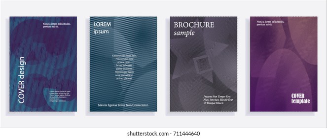 Minimalistic cover design templates. Set of layouts for covers of books, albums, notebooks, reports, magazines. Line halftone gradient effect, flat modern abstract design. Geometric mock-up texture