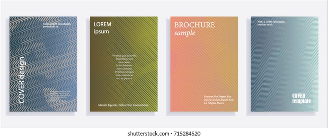 Minimalistic cover design templates. Set of layouts for covers of books, albums, notebooks, reports, magazines. Line halftone gradient effect, flat modern abstract design. Geometric mock-up texture