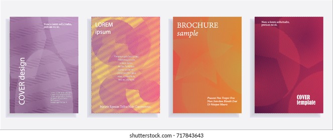 Minimalistic cover design templates. Set of layouts for covers of books, albums, notebooks, reports, magazines. Line halftone gradient effect, flat modern abstract design. Geometric mock-up texture