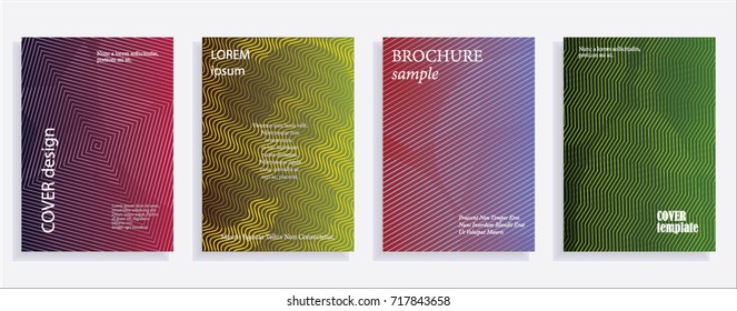 Minimalistic cover design templates. Set of layouts for covers of books, albums, notebooks, reports, magazines. Line halftone gradient effect, flat modern abstract design. Geometric mock-up texture