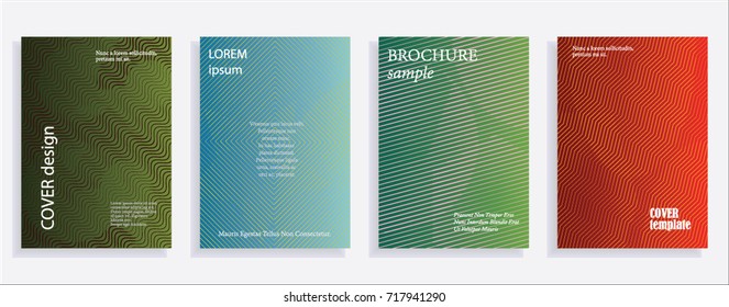 Minimalistic cover design templates. Set of layouts for covers of books, albums, notebooks, reports, magazines. Line halftone gradient effect, flat modern abstract design. Geometric mock-up texture