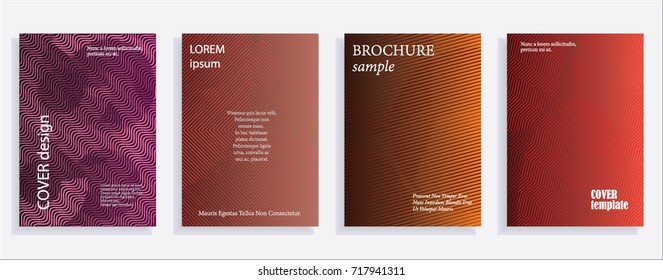 Minimalistic cover design templates. Set of layouts for covers of books, albums, notebooks, reports, magazines. Line halftone gradient effect, flat modern abstract design. Geometric mock-up texture