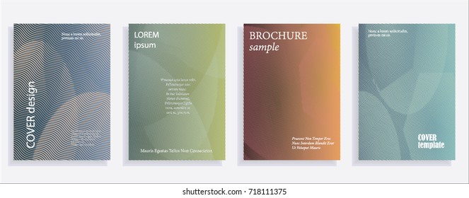 Minimalistic cover design templates. Set of layouts for covers of books, albums, notebooks, reports, magazines. Line halftone gradient effect, flat modern abstract design. Geometric mock-up texture