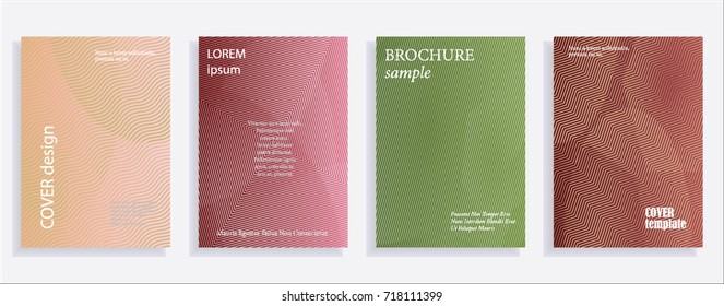 Minimalistic cover design templates. Set of layouts for covers of books, albums, notebooks, reports, magazines. Line halftone gradient effect, flat modern abstract design. Geometric mock-up texture