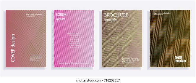Minimalistic cover design templates. Set of layouts for covers of books, albums, notebooks, reports, magazines. Line halftone gradient effect, flat modern abstract design. Geometric mock-up texture