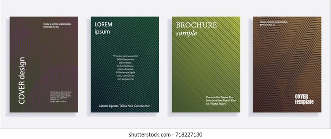 Minimalistic cover design templates. Set of layouts for covers of books, albums, notebooks, reports, magazines. Line halftone gradient effect, flat modern abstract design. Geometric mock-up texture