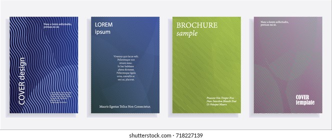 Minimalistic cover design templates. Set of layouts for covers of books, albums, notebooks, reports, magazines. Line halftone gradient effect, flat modern abstract design. Geometric mock-up texture