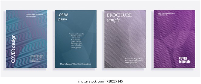 Minimalistic cover design templates. Set of layouts for covers of books, albums, notebooks, reports, magazines. Line halftone gradient effect, flat modern abstract design. Geometric mock-up texture