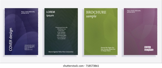 Minimalistic cover design templates. Set of layouts for covers of books, albums, notebooks, reports, magazines. Line halftone gradient effect, flat modern abstract design. Geometric mock-up texture