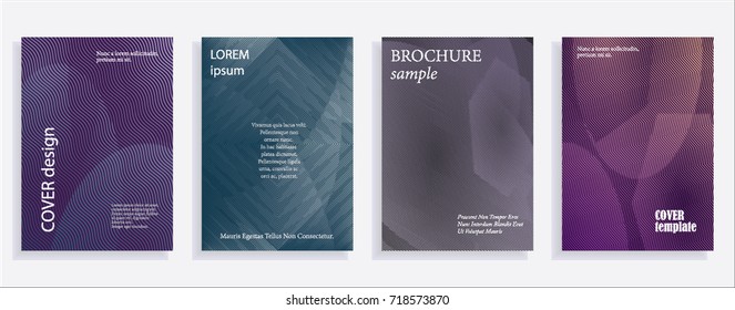 Minimalistic cover design templates. Set of layouts for covers of books, albums, notebooks, reports, magazines. Line halftone gradient effect, flat modern abstract design. Geometric mock-up texture