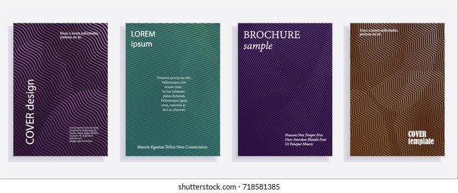 Minimalistic cover design templates. Set of layouts for covers of books, albums, notebooks, reports, magazines. Line halftone gradient effect, flat modern abstract design. Geometric mock-up texture