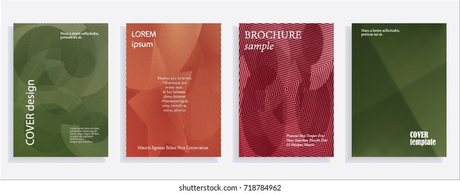 Minimalistic cover design templates. Set of layouts for covers of books, albums, notebooks, reports, magazines. Line halftone gradient effect, flat modern abstract design. Geometric mock-up texture