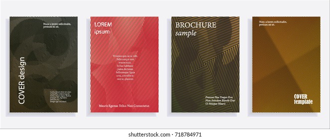 Minimalistic cover design templates. Set of layouts for covers of books, albums, notebooks, reports, magazines. Line halftone gradient effect, flat modern abstract design. Geometric mock-up texture