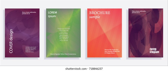 Minimalistic cover design templates. Set of layouts for covers of books, albums, notebooks, reports, magazines. Line halftone gradient effect, flat modern abstract design. Geometric mock-up texture