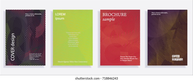 Minimalistic cover design templates. Set of layouts for covers of books, albums, notebooks, reports, magazines. Line halftone gradient effect, flat modern abstract design. Geometric mock-up texture