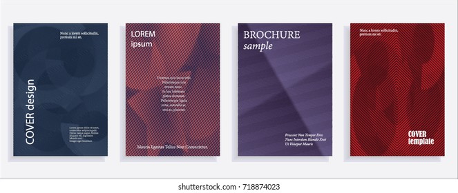 Minimalistic cover design templates. Set of layouts for covers of books, albums, notebooks, reports, magazines. Line halftone gradient effect, flat modern abstract design. Geometric mock-up texture