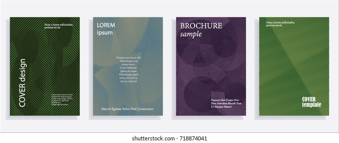 Minimalistic cover design templates. Set of layouts for covers of books, albums, notebooks, reports, magazines. Line halftone gradient effect, flat modern abstract design. Geometric mock-up texture
