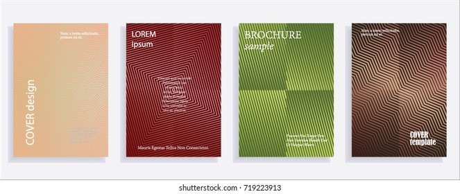 Minimalistic cover design templates. Set of layouts for covers of books, albums, notebooks, reports, magazines. Line halftone gradient effect, flat modern abstract design. Geometric mock-up texture