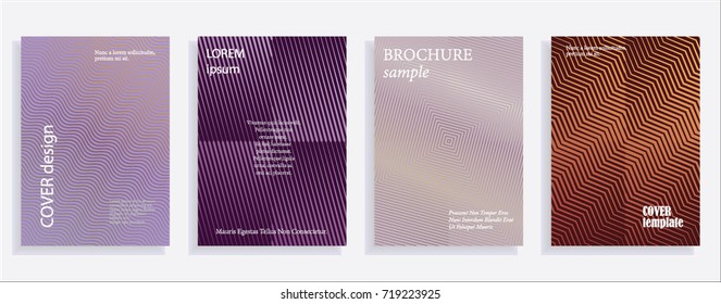 Minimalistic cover design templates. Set of layouts for covers of books, albums, notebooks, reports, magazines. Line halftone gradient effect, flat modern abstract design. Geometric mock-up texture