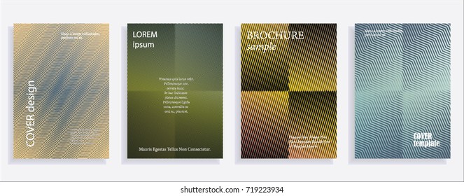 Minimalistic cover design templates. Set of layouts for covers of books, albums, notebooks, reports, magazines. Line halftone gradient effect, flat modern abstract design. Geometric mock-up texture