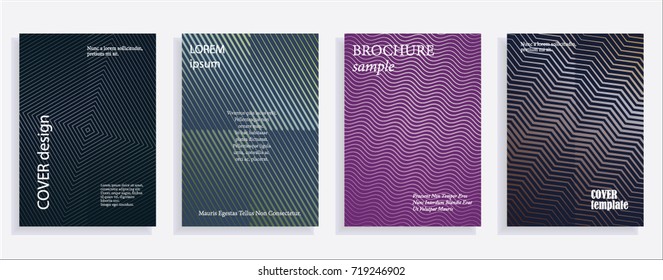 Minimalistic cover design templates. Set of layouts for covers of books, albums, notebooks, reports, magazines. Line halftone gradient effect, flat modern abstract design. Geometric mock-up texture