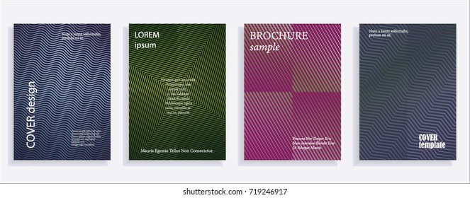 Minimalistic cover design templates. Set of layouts for covers of books, albums, notebooks, reports, magazines. Line halftone gradient effect, flat modern abstract design. Geometric mock-up texture