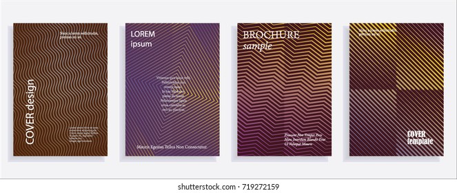 Minimalistic cover design templates. Set of layouts for covers of books, albums, notebooks, reports, magazines. Line halftone gradient effect, flat modern abstract design. Geometric mock-up texture