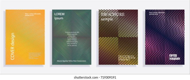 Minimalistic cover design templates. Set of layouts for covers of books, albums, notebooks, reports, magazines. Line halftone gradient effect, flat modern abstract design. Geometric mock-up texture