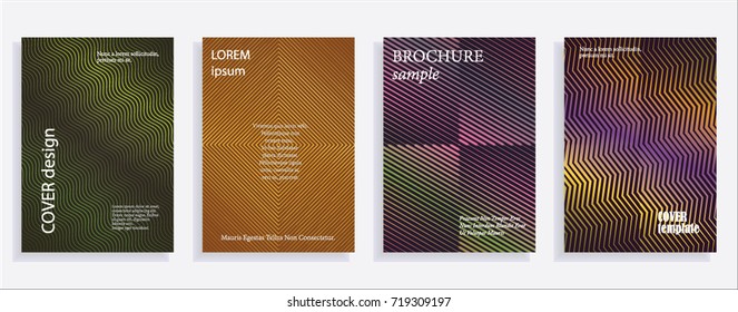 Minimalistic cover design templates. Set of layouts for covers of books, albums, notebooks, reports, magazines. Line halftone gradient effect, flat modern abstract design. Geometric mock-up texture