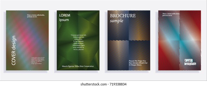 Minimalistic cover design templates. Set of layouts for covers of books, albums, notebooks, reports, magazines. Line halftone gradient effect, flat modern abstract design. Geometric mock-up texture