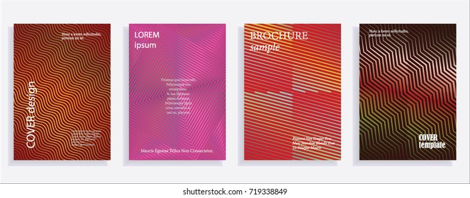 Minimalistic cover design templates. Set of layouts for covers of books, albums, notebooks, reports, magazines. Line halftone gradient effect, flat modern abstract design. Geometric mock-up texture