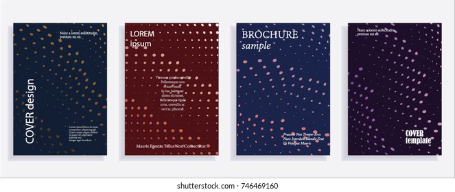 Minimalistic cover design templates. Set of layouts for covers of books, albums, notebooks, reports, magazines. Line halftone gradient effect, flat modern abstract design. Geometric mock-up texture