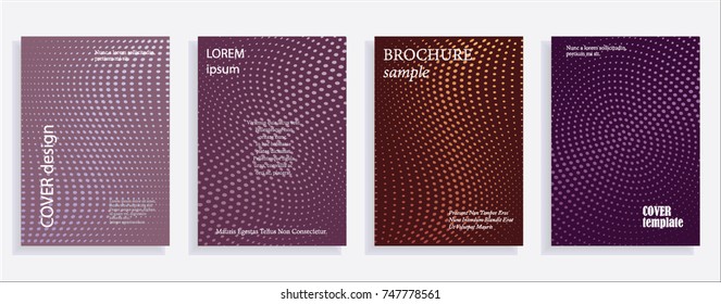 Minimalistic cover design templates. Set of layouts for covers of books, albums, notebooks, reports, magazines. Line halftone gradient effect, flat modern abstract design. Geometric mock-up texture