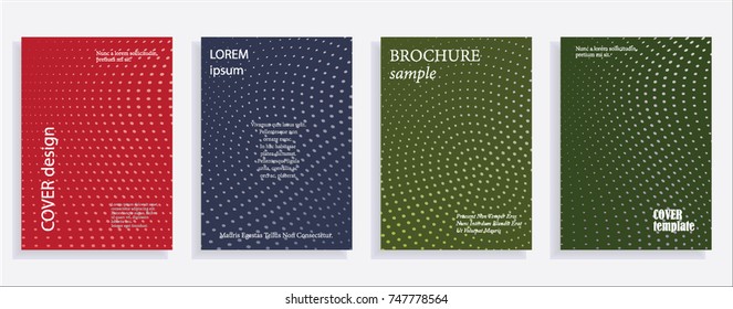 Minimalistic cover design templates. Set of layouts for covers of books, albums, notebooks, reports, magazines. Line halftone gradient effect, flat modern abstract design. Geometric mock-up texture