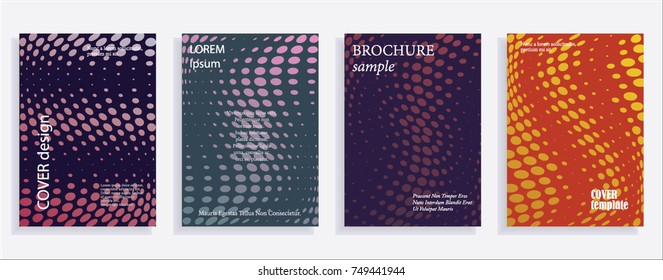Minimalistic cover design templates. Set of layouts for covers of books, albums, notebooks, reports, magazines. Line halftone gradient effect, flat modern abstract design. Geometric mock-up texture